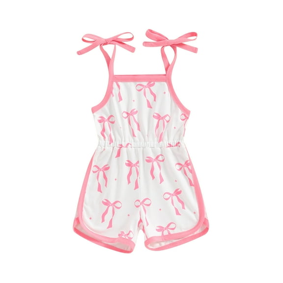 Aojekbee Little Girl Overalls Bow Print Neck Tie-Up Spaghetti Strap Shorts Jumpsuit Toddler Sleeveless Romper for Summer
