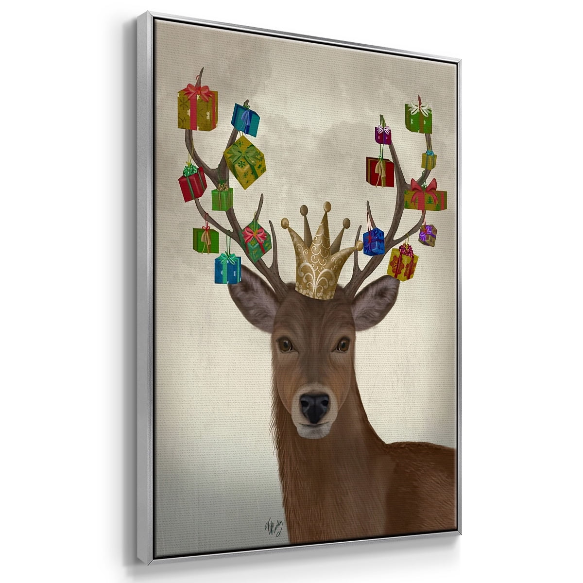 Christmas Gift Bearing Deer - Framed Gallery Wrapped Holiday Canvas - 27 x 41 - Silver Frame