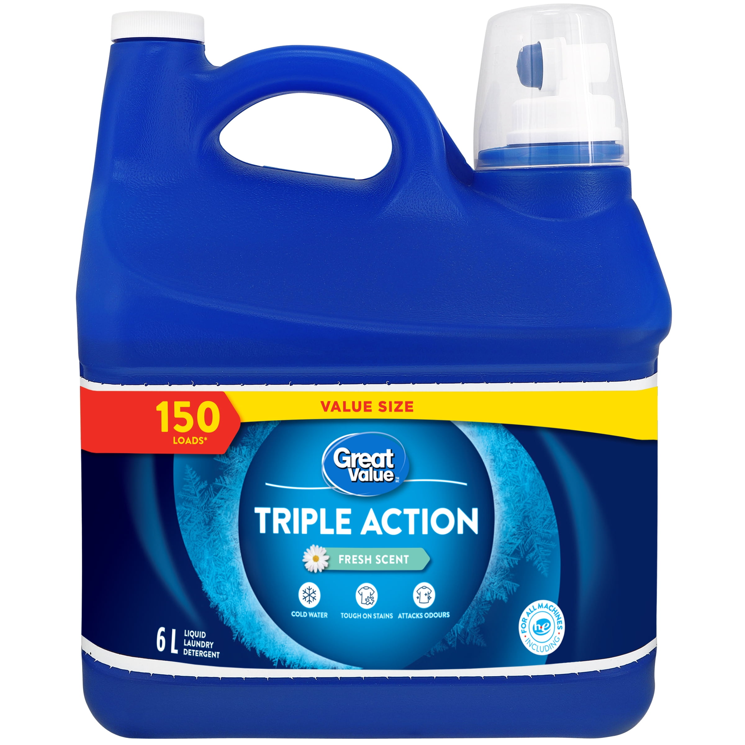 Great Value Détergent à lessive liquide Action Triple parfum de fraîcheur, 150 brassées, 6 L Great Value Détergent à lessive liquide Action Triple parfum de fraîcheur, 150 brassées, 6 L