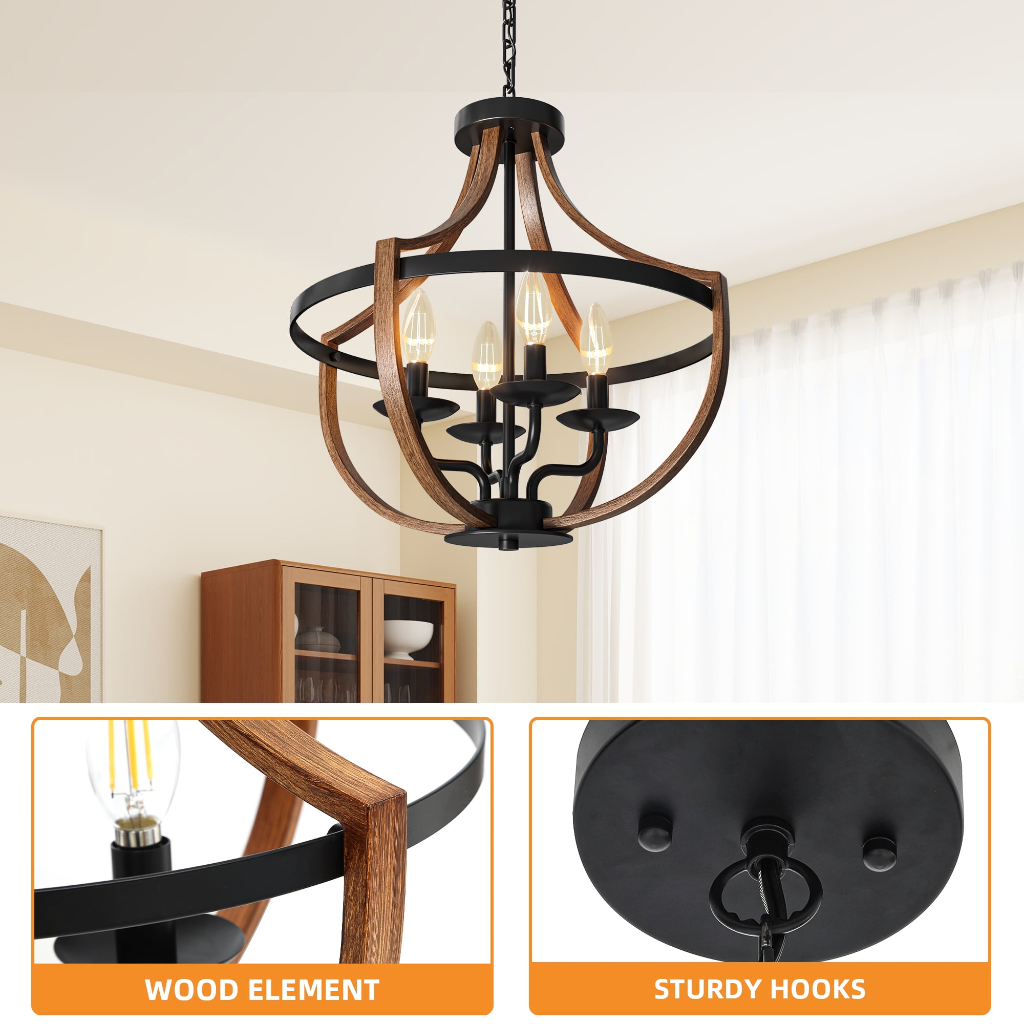 Uforic 16.5" Ebony Wood Chandelier, Adjustable Country Fixture, Five-Light Pendant
