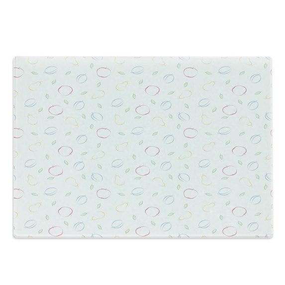 Colorful Cutting Board, Crayon Drawing Style Pattern with Different Fruits and Green Leaves Healthy Eating, Decorative Tempered Glass Cutting and Serving Board, Large Size, Multicolor, by Ambesonne