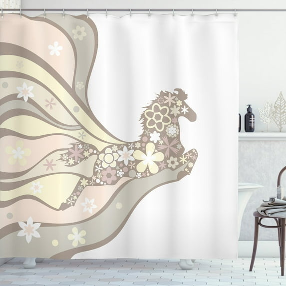 Ambesonne Nature Shower Curtain, Floral Horse Galloping, 69"Wx84"L, Pale Yellow Peach Cocoa