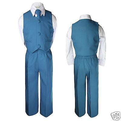 Teal Blue Green Turquoise Boy Toddler Formal 4pc Vest Set Short Suit Baby S-4T 