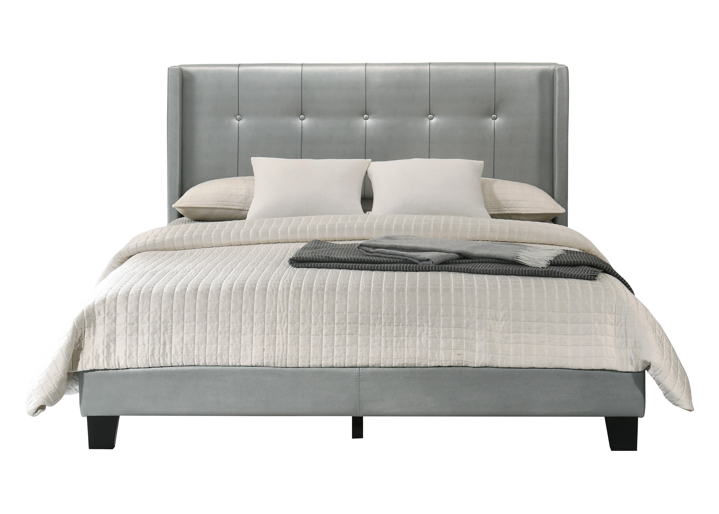 Home Design Evelyn Queen Upholstered Platform Bed Frame with Tufted Headboard and Wingback Design, Silver, Easy Assembly