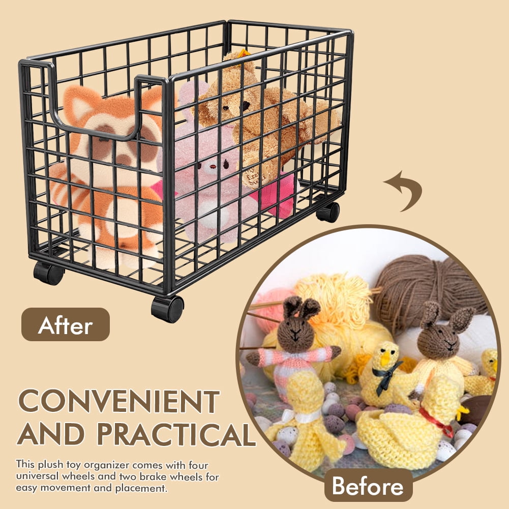 Qiyester Plush Toy Storage Basket, Large Capacity Metal Wheeled Plush Toy Storage Rack/Clothes Storage Box, Suitable for Bedroom