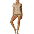 thumbnail image 2 of Conjunto de pijama de satén para mujer INSPIRE CHIC, camisa de botón de manga corta con pantalones cortos, 2 piezas, ropa de descanso, pijama, color champán, 2 of 6