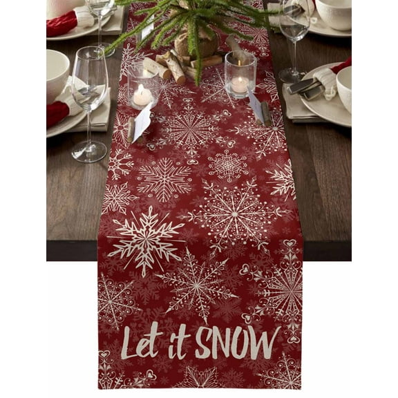 Table Runner Dresser Scarves 70 Inch Long, Merry Christmas Snowflake Sketch Linen Dining Table Runners Winter White Snow on Dark Red Tabletop Scarf for Wedding Holiday Party Kitchen
