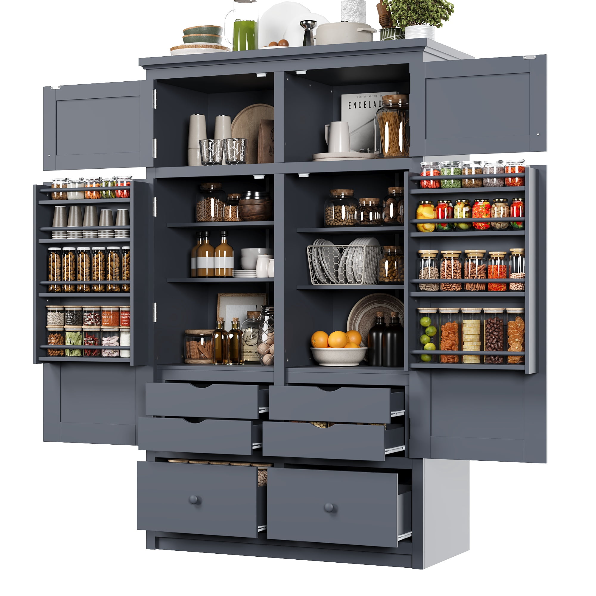 Mintazer 74.8" Tall Freestanding Kitchen Pantry Cabinet with 6 Drawers, Adjustable Shelves & 8 Side Spice Racks, Food Storage Cabinet with 4 Pull-out Trays for Dining Room, Grey