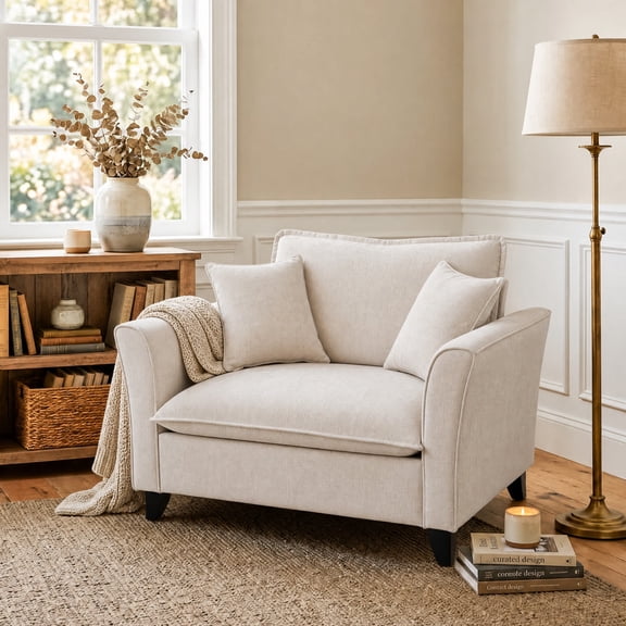 Tulib 46.5" Reading Chair, Chenille Accent Chair for Living Room Bedroom Office and Small Spaces, Modern Armchair with Pillows for Adults, Beige