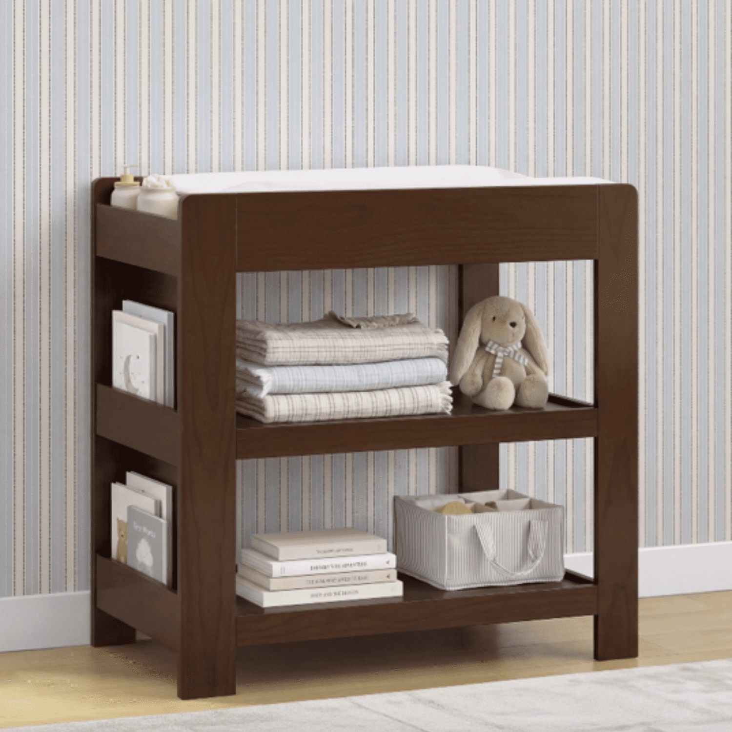 Delta Children Emmie Changing Table with Bookcase Storage, Walnut