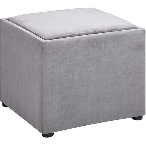 Microfiber Square Storage Ottoman with Wood Tray, Grey