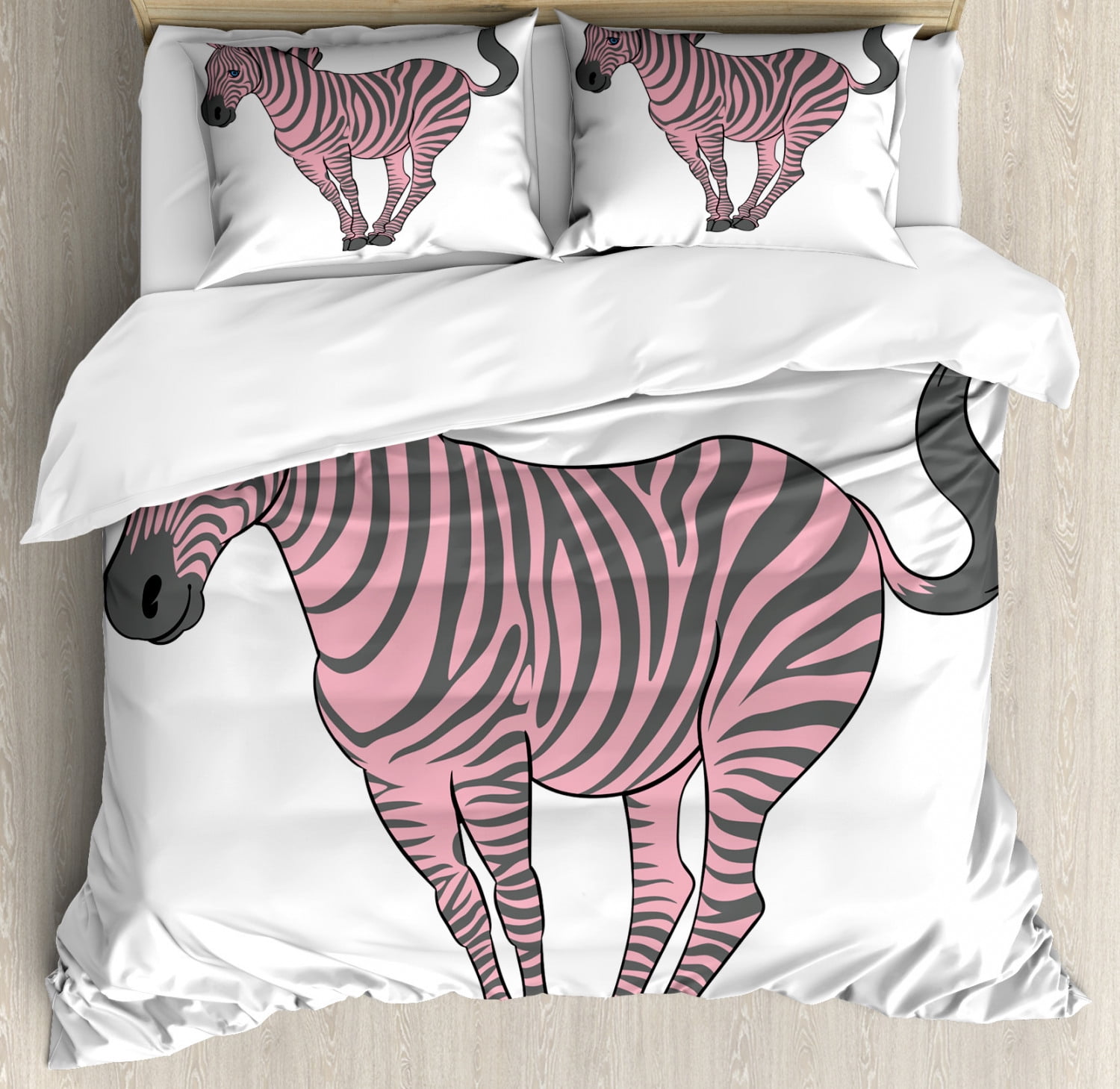 Pink Zebra Queen Size Duvet Cover Set, Naturalistic Baby Zebra in Funny Pose Zoo Wild Horse Kids