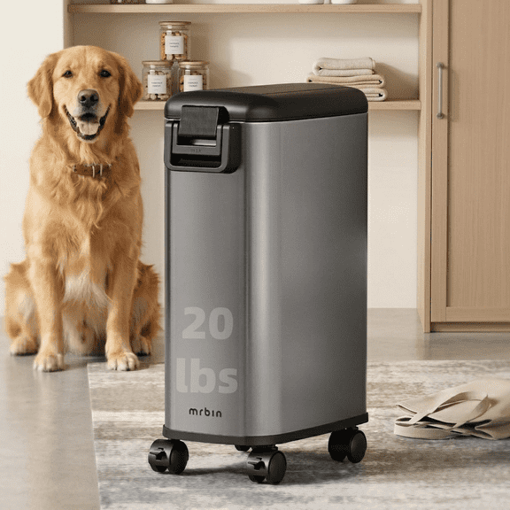 MRBIN Pet Food Bin 20 lb, Dog Food Storage Bin 20L with Scoop Airtight Pet Food Container Stainless Steel Large Containers with Wheels, Eclipse Grey