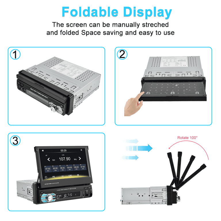 Podofo Universal Single 1 DIN 7 HD Touchscreen Retractable Car Stereo Radio  Bluetooth Auto Apple Carplay Android Auto FM Video Player Mirror Link  Function, with 12 LED Backup Camera 