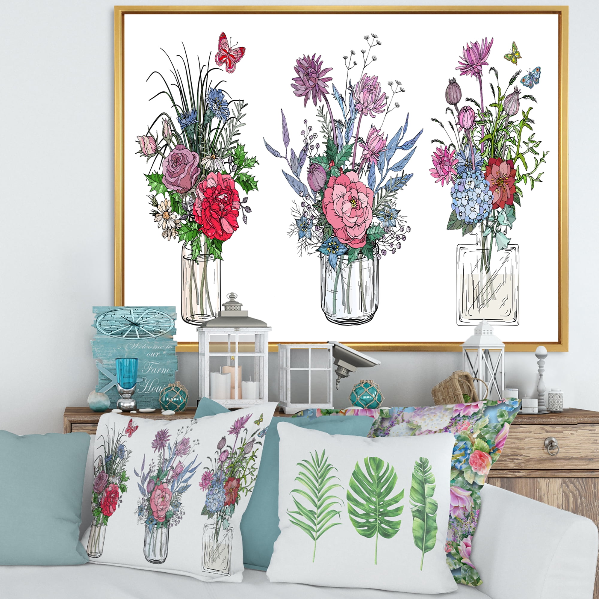 Designart 'Transparent Vases With Bouquets of Wildflowers I' Farmhouse Framed Canvas Wall Art Print