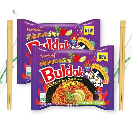Samyang HABANERO LIME Buldak Spicy Chicken Ramen Stir-Fried Noodles with Wooden Chopsticks 4.93 Oz. (Pack of 2)
