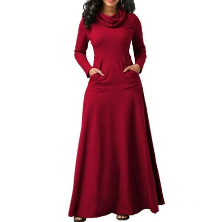 - Womens Long Sleeve Dress Pullover Jumper Long Skirt Cowl Neck Casual Party Pleated Maxi Robes