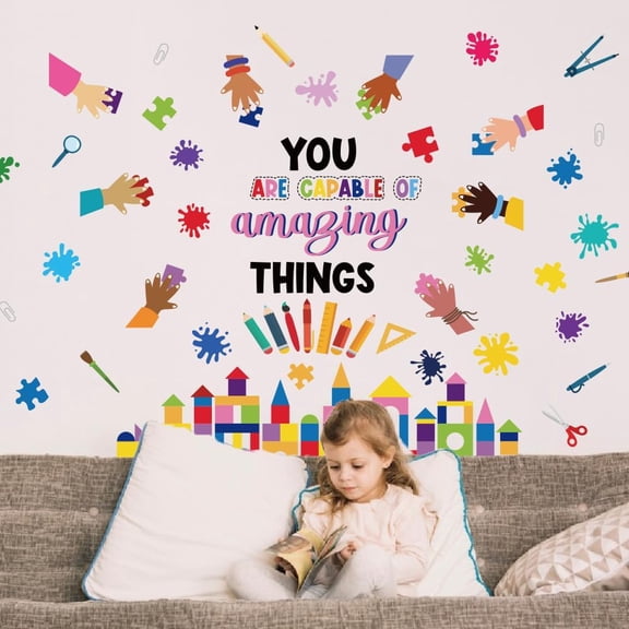 Inspirational Wall Sticker You are Capable of Amazing Things Handprint Paint Splatter Wall Decals Builders Blocks Peel and Stick Vinyl Art Murals for Nursery Classroom Kids Room School Decor