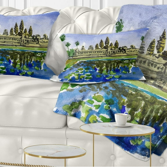 Designart Cambodia Vector Illustration - Cityscape Painting Throw Pillow - 12x20