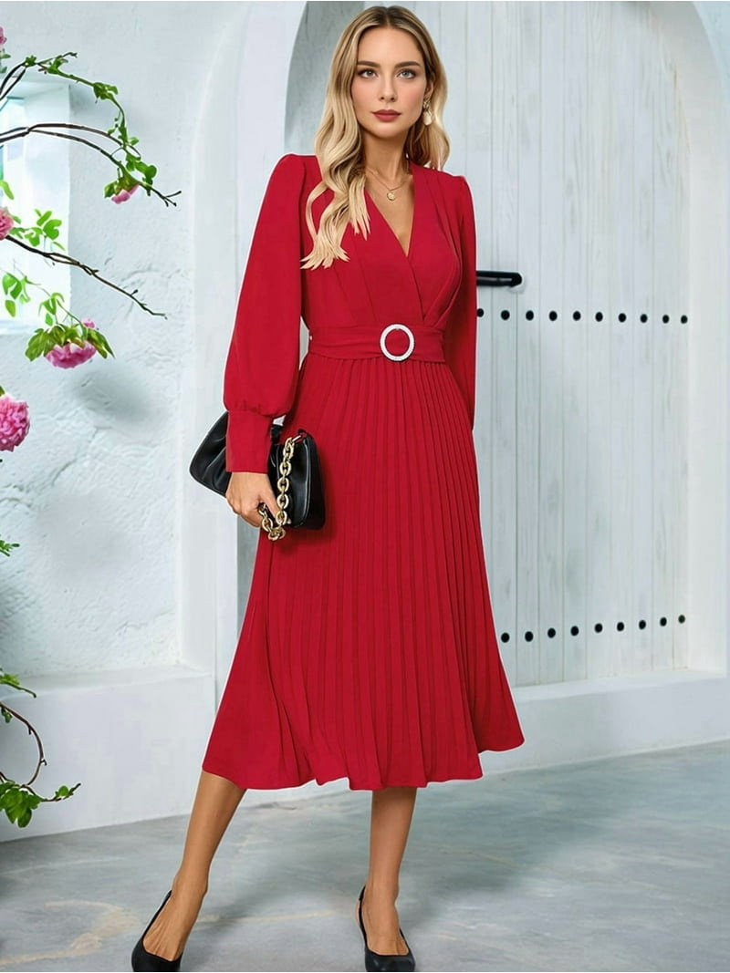Women'S Long Sleeve Flared A Line Dress Wedding Guest Casual Semi Formal Office Lady Dresses with Belt Red XL - Walmart.com Women'S Long Sleeve Flared A Line Dress Wedding Guest Casual Semi Formal Office Lady Dresses with Belt Red XL - Walmart.com