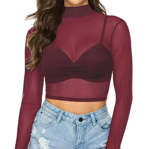 Top de manga larga sin costuras para mujer - Cuello alto, diseño transparente, blusa de poliéster, informal/moda - S-XL, tallas asiáticas Aviso