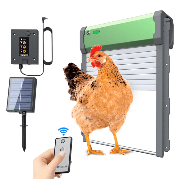Boajf Solar Automatic Chicken Coop Door, Programmable Timer & Remote Control & Light Sensor, Anti-Pinch & Waterproof Function, Aluminum Electric Coop Door for Chickens, Ducks (Green)