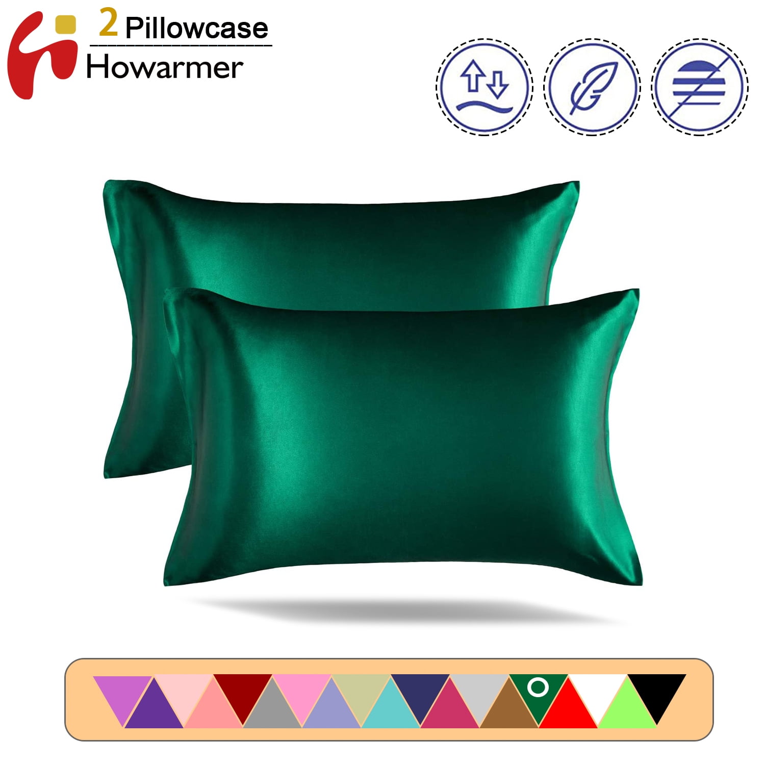 Howarmer Satin Silk Pillowcase, Dark Green Pillow Cover with Envelope Closure, Ultra soft Pillow