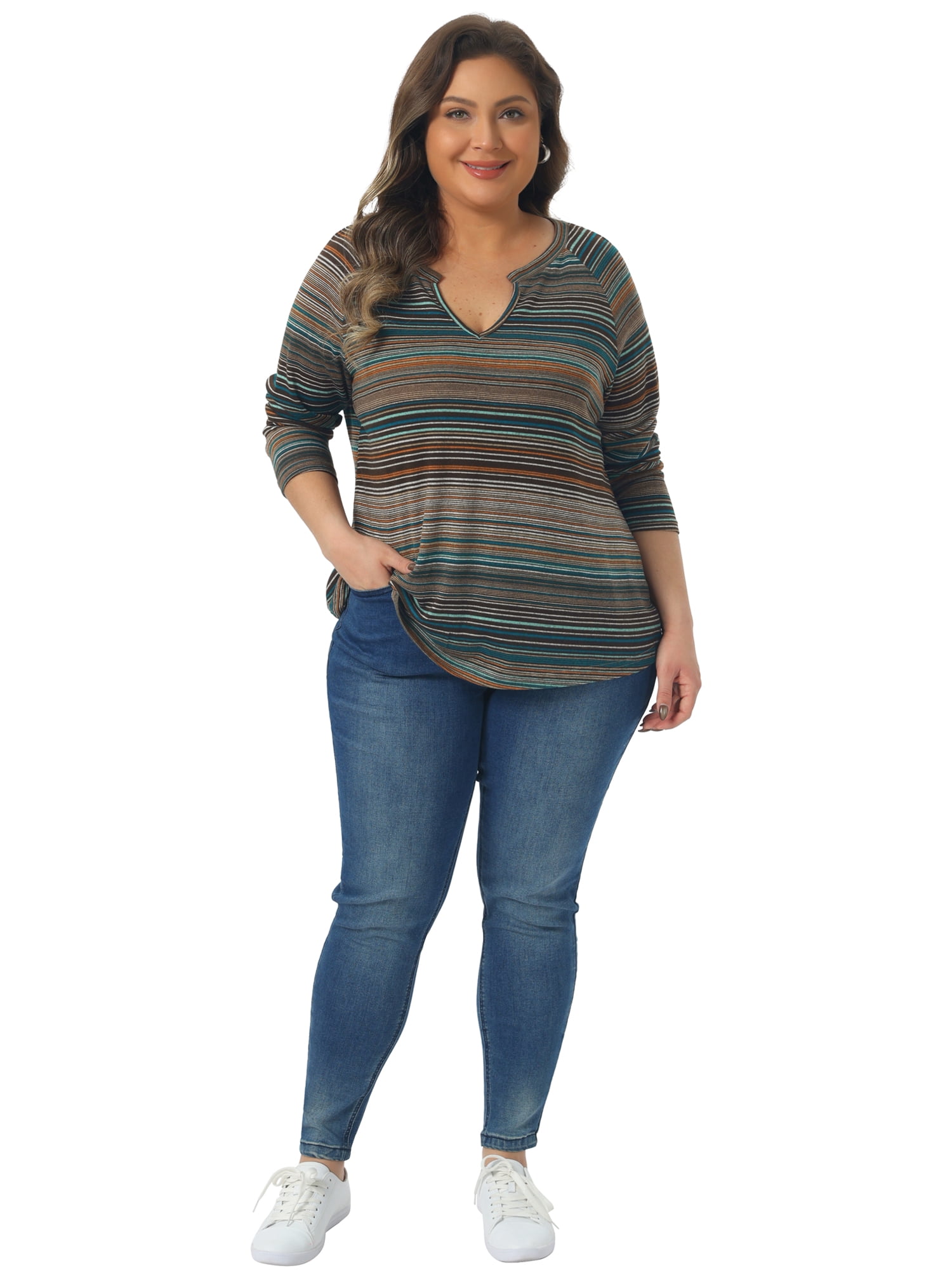 DARING DIVA Women's Plus Size Long Sleeve Notch V Neck Blouses 3X Orange