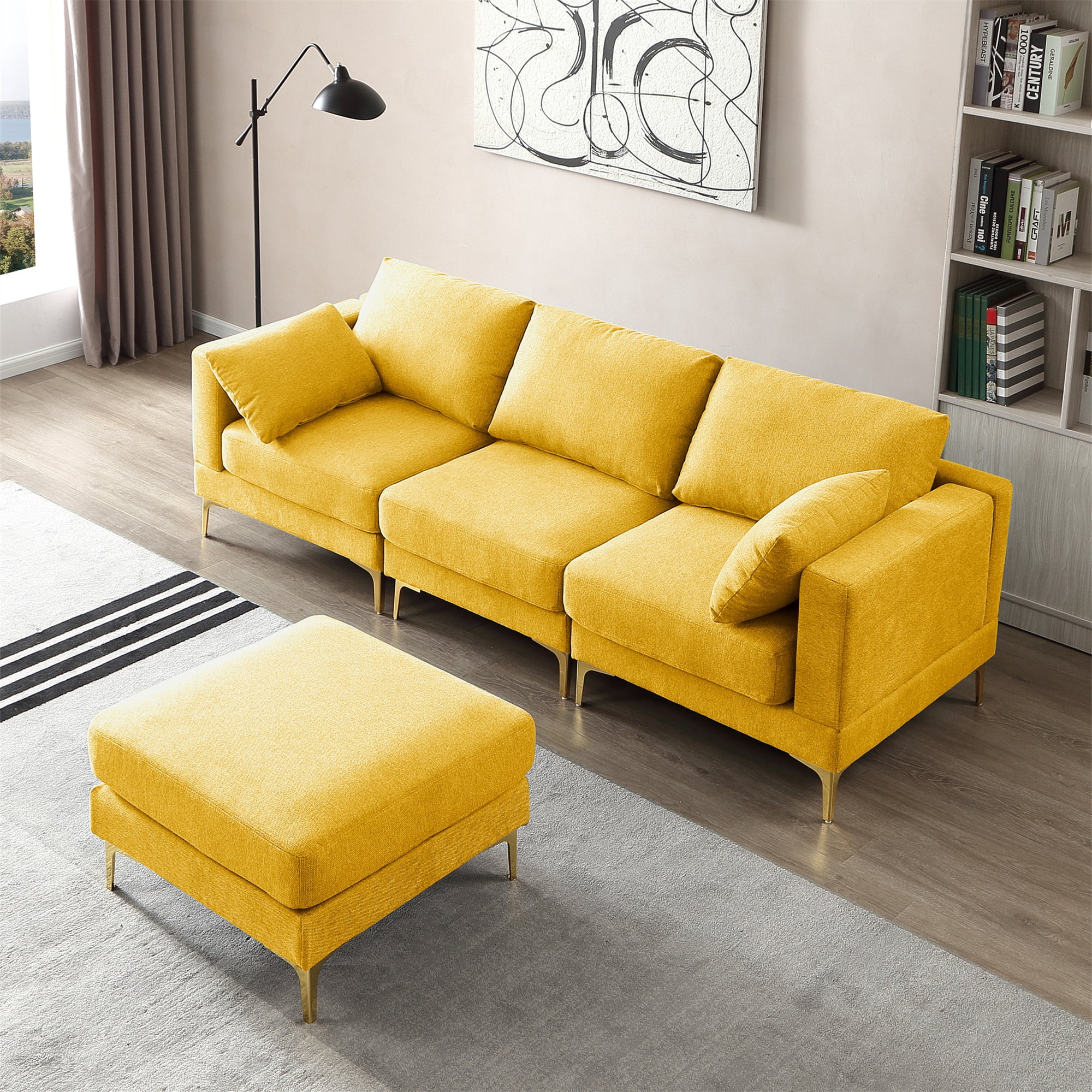 Aukfa 3-piece Modular Sectional Sofa, Loveseat, Chair, Ottoman, L shape Couch for Living Room, Yellow