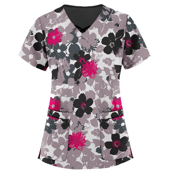 CIENVNSTG Scrub Tops for Women Printed V Neck Short Sleeve Shirts with Patch Pockets Side Slit Hem Stretch Working Daily Wear Floral Pattern Uniform Tops Multicolor XXXXL