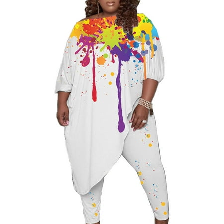 

Colisha Women Crew Neck Party Two Piece Outfit Baggy Elastic Waist Loungewear Oversize Plus Size Pajamas White XL