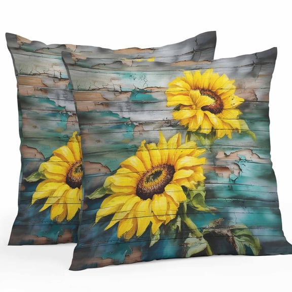 Outdoor Pillow Covers Pack of 2, Vintage Wood Plank Yellow Sunflowers Waterproof Throw Pillowcase Cushion Cases, Farm Blooming Floral Decorative Pillow Cover for Couch Sofa Home Bed Patio