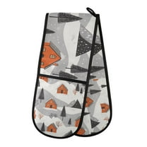 Yayeee Double Oven Mitt Kitchen Heat Resistant Baking 35" x7" Quilted Glove, Orange Cartoon Houses