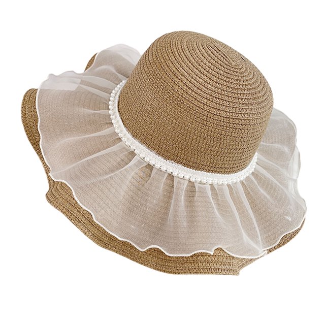 Sombrero de playa de paja natural de alta densidad con protección solar, ala ancha y diseño abovedado, lazo de encaje y detalles de perlas de imitación. Sombrero de verano.