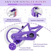 XJD 12 inch Kids Girls Bike for 3-12 Years Old Toddlers, Princess Children Bicycle with Training Wheels, Streamers, Basket, Doll Seat, Purple