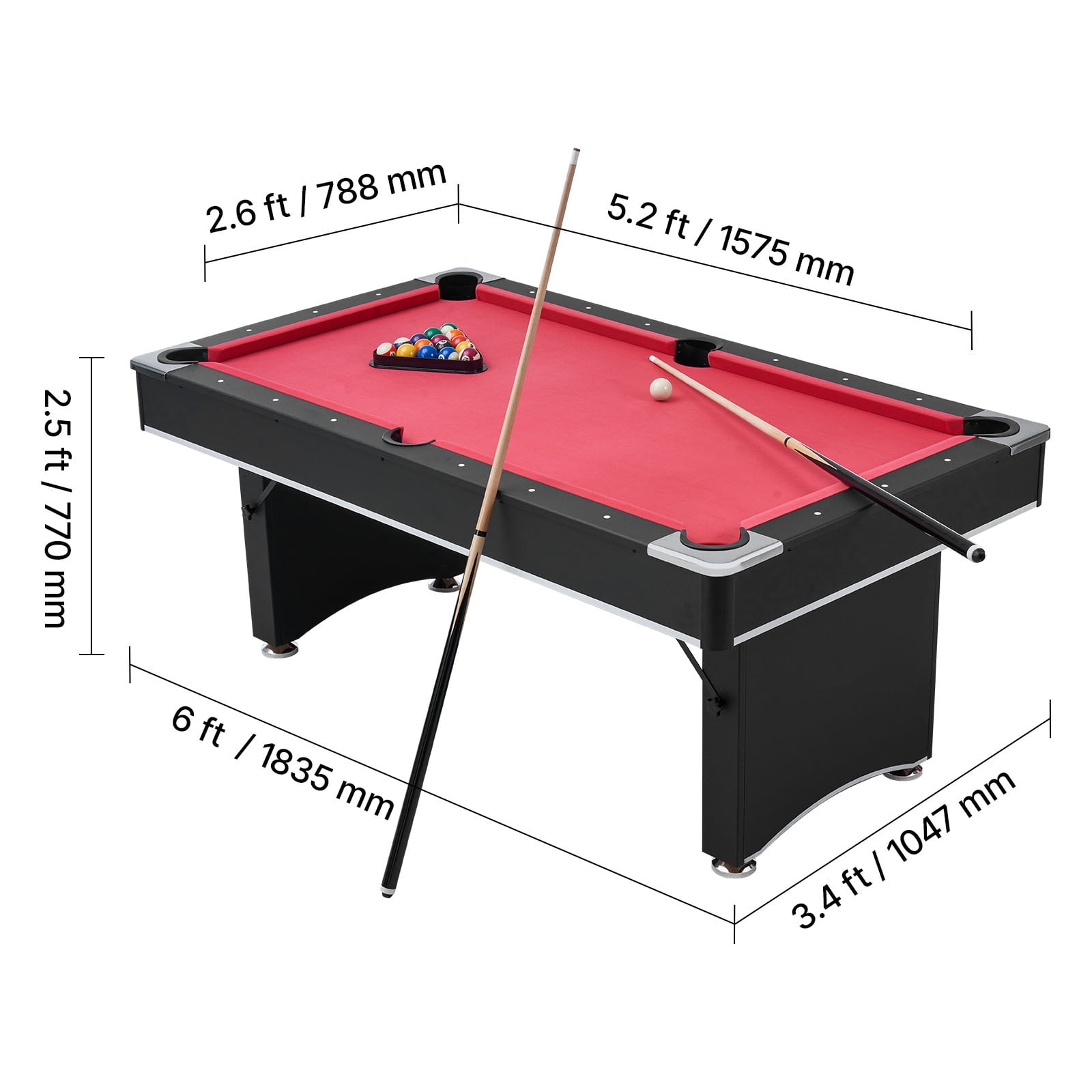 KFFKFF 6 ft Portable Pool Table, Adjustable Feet for Stability, Game Set with Balls, Cues, Rack, Chalk, and Brush, Black Frame with Red Felt, Ideal for Home and Recreation Rooms