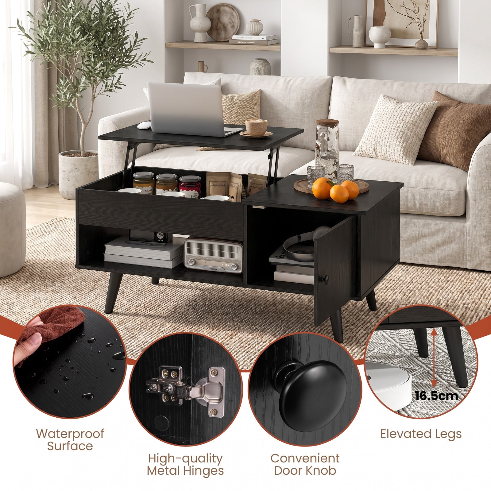 Furnibear Lift Top Coffee Table with Hidden Compartment Open Shelf and Storage Cabinet for Living Room and Home Office, Black