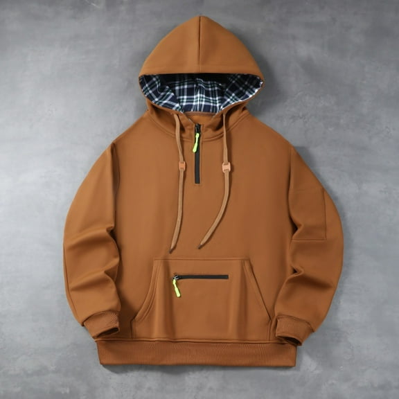 Thermal Hoodies for Men with Front Pocket and Zipper Fleece Lined Sweatshirts Mens Casual Color Block Pullover Long Sleeve Warm Going-Out Hoodie Tops