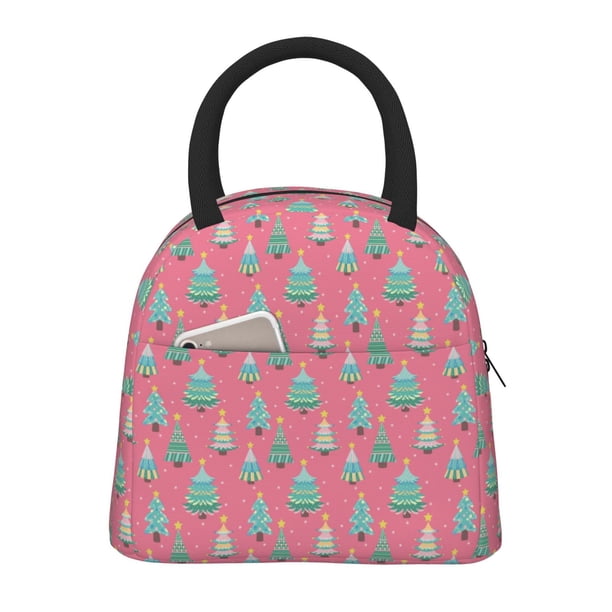 Fotbe Pastel Christmas Trees on Pink Bolsa de Almuerzo con Estampado, Lonchera Aislada, Contenedor de Comida Reutilizable Tipo Cooler a Prueba de Fugas