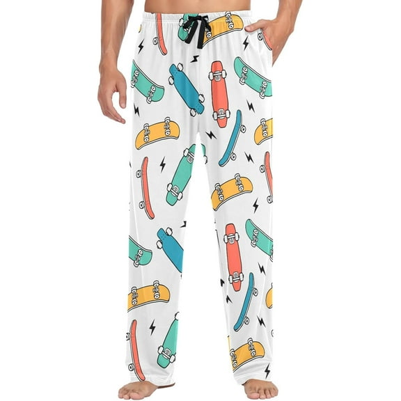 Top-kevin Men's Pajama Bottoms Doodle Roller Skates Skateboarding Mens Pajama Pants Blue Yellow Flash Cotton Pj Bottoms Sleepwear