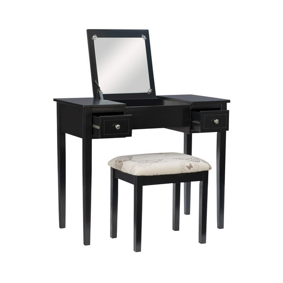 Contemporary Home Living 36" Black Solid Vanity Set with Mirror and Upholstered Stool