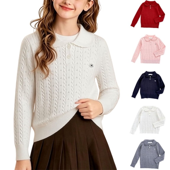 Girls Cable Knit Peter Pan Collar Sweater, Kids Long Sleeve Elastic Pullover Knit Top, Elegant Warm Sweater for Autumn Winter School Casual Daily Wear(White,2-3 Years)