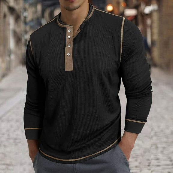 Mens Long Sleeve T Shirt Collarless Henley T Shirt Cotton T Shirts Golf Polo Shirts Black L