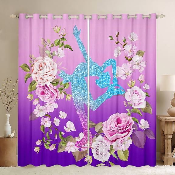 Homewish Children Teenagers Sport Figure Skating Black Out Curtains,Gradient Bling Splash Curtains Pack of 2 (42x63 Each),Chic Floral Flowers Bedroom Curtains,Super Cozy Room Decor