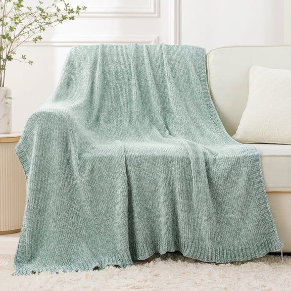 Battilo Sage Geen Chenille Throw Blanket, Mint Green Decorative Knit Throws,Spring Decor,51"x67"