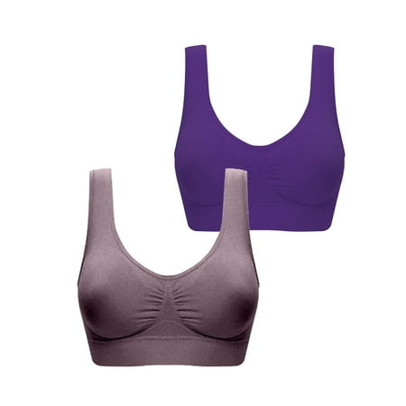 ATOYSOY 2 Pack Plus Size Sports Bra Everyday Bra Yoga Activewear Bralette Underwear Push Up Comfort Bra Clearance Breathable Teens Workout Wireless Ruched Tank Tops Purple XL