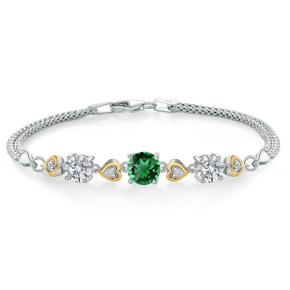 Gem Stone King 925 Silver and 10K Yellow Gold Green Nano Emerald and Lab Grown Diamond Bracelet for Women | 2.78 Cttw | Gemstone May Birthstone | Round 7MM & 6MM | Size 7.5 inch | Made in Italy