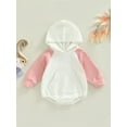 thumbnail image 2 of Argulvti Newborn Long Sleeve Romper, Contrast Color Front Kangaroo Pocket Snap Crotch Hooded Patchwork Jumpsuit, 2 of 7