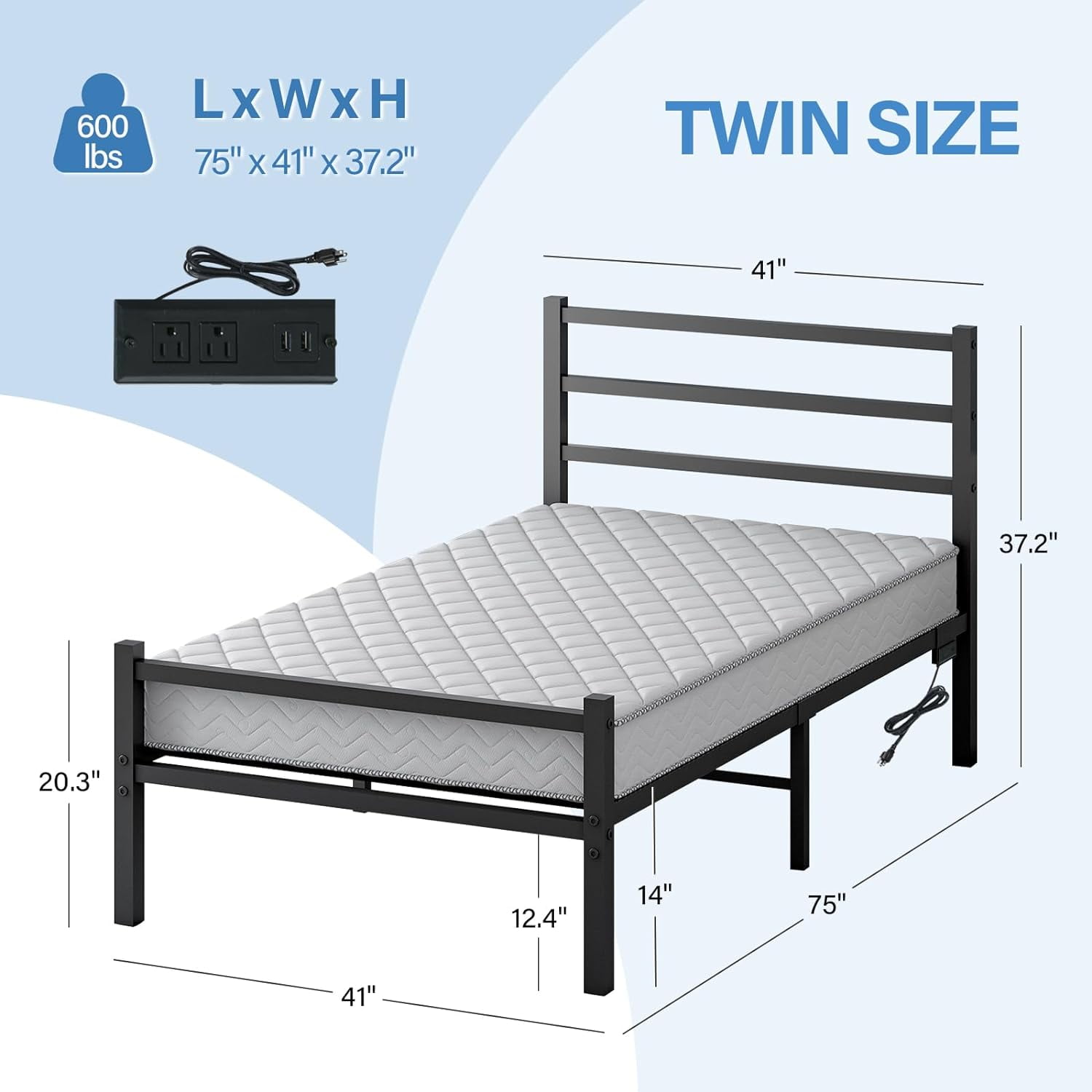 4 Ever Twin Size Metal Bed Frame with USB Charging, LED Lights, Heavy Duty, No Box Spring Required, Black