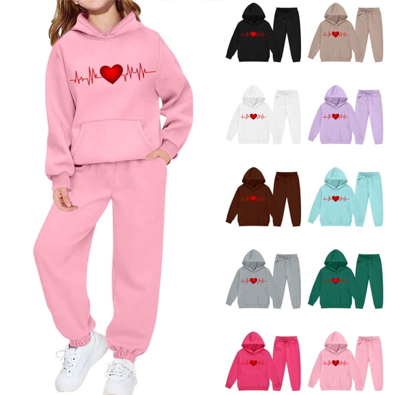 Rvasteizo Toddler Outfits Heart Print Long Sleeve Hoodie Cuffed Pants 2-13 Years Unisex Kids Set